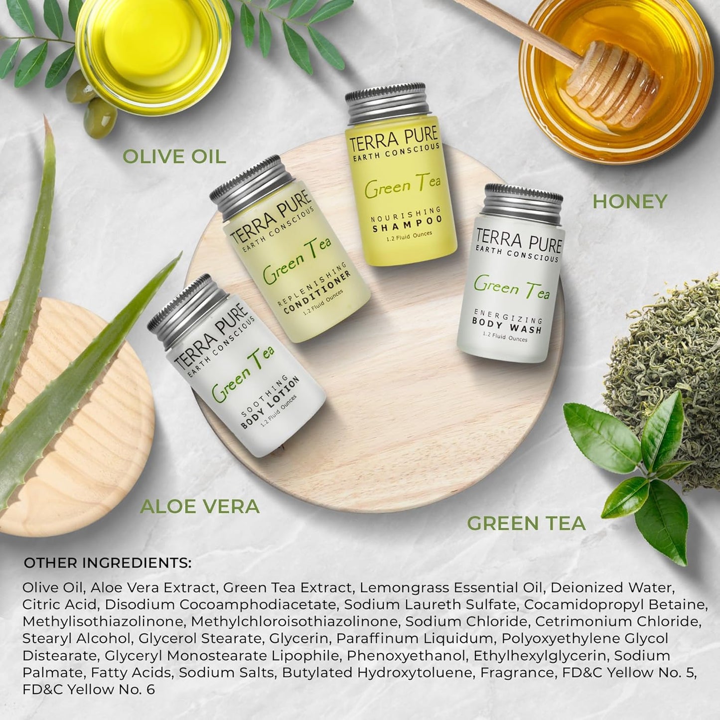 Terra Pure Green Tea Toiletries Set | 1-Shoppe Amenities Kit | 1oz Shampoo & Conditioner, Body Wash, Lotion | Travel Size | 80 Pieces