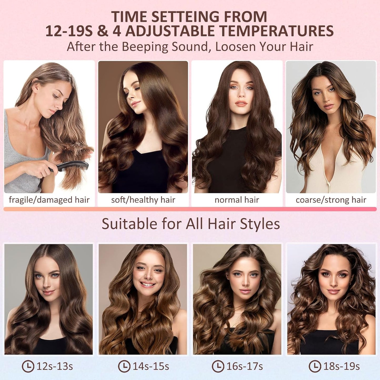 Automatic Curling Iron, Hair Curler 1" Large Slot, 4 Temperature Settings, 12s-19s Timers, Dual Voltage, Anti-Scald, Anti-Tangle, Auto Shut-Off, LCD Display, Fast Heating Easy for Use, Pink