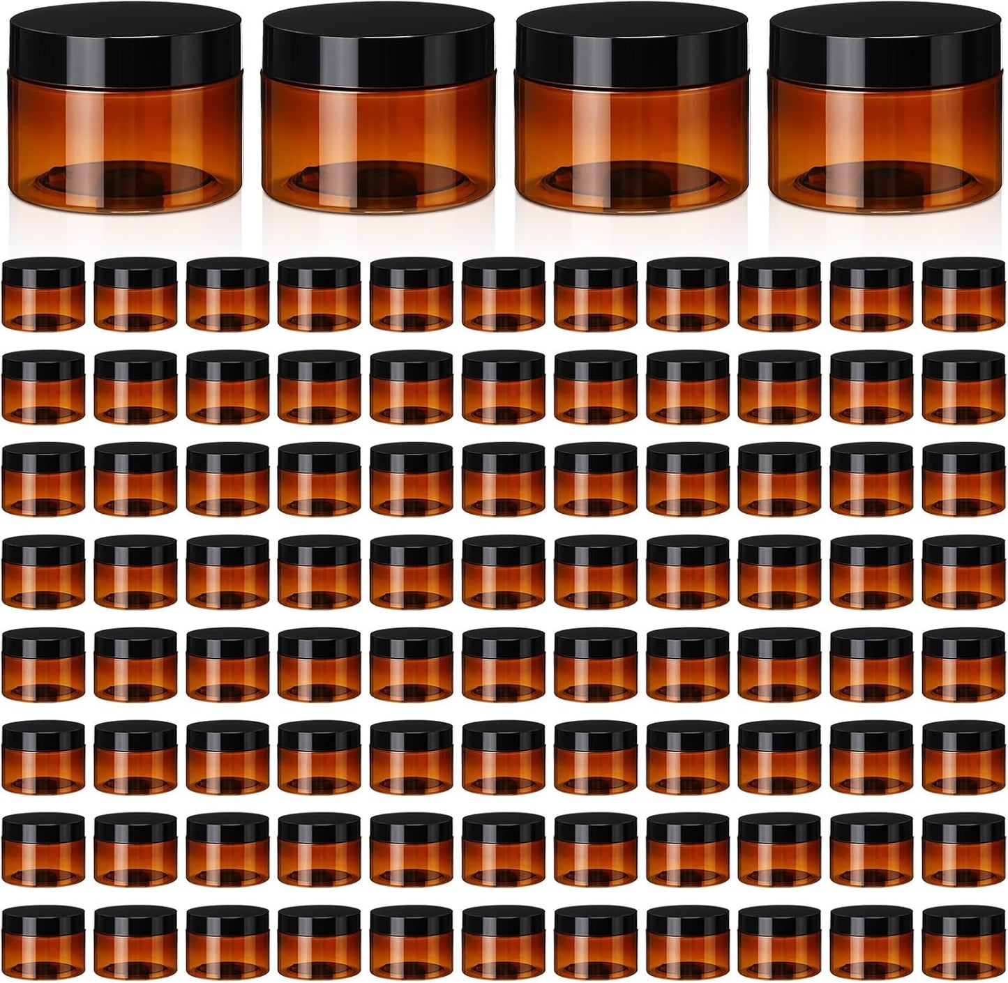 Tanlade 100 Pcs 4 oz Amber Plastic Cosmetic Jars with Lids Empty Leak Proof Container Refillable Cosmetic Jars Airtight for Cream, Lotion, Powder, Ointment, Beauty Products Travel Storage(Round)