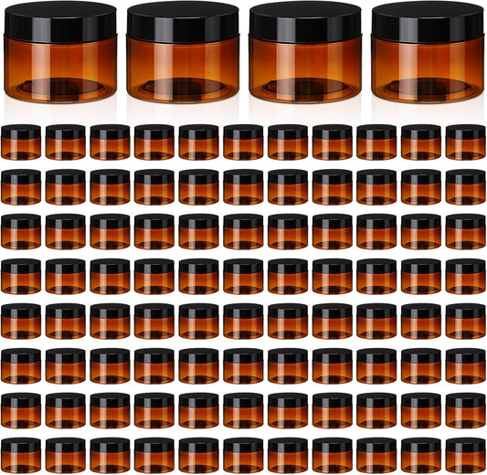 Tanlade 100 Pcs 4 oz Amber Plastic Cosmetic Jars with Lids Empty Leak Proof Container Refillable Cosmetic Jars Airtight for Cream, Lotion, Powder, Ointment, Beauty Products Travel Storage(Round)