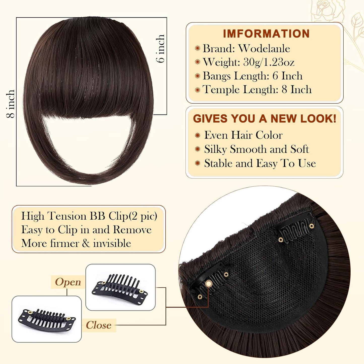 Bangs Hair Clip in Bangs, Fake Bangs Natrual Clip on Bangs Medium Brown,Faux Bangs Easy Clip in Hair Extenisons,French Bangs Fringe with Temples Hairpieces Curved Bangs for Daily Wear