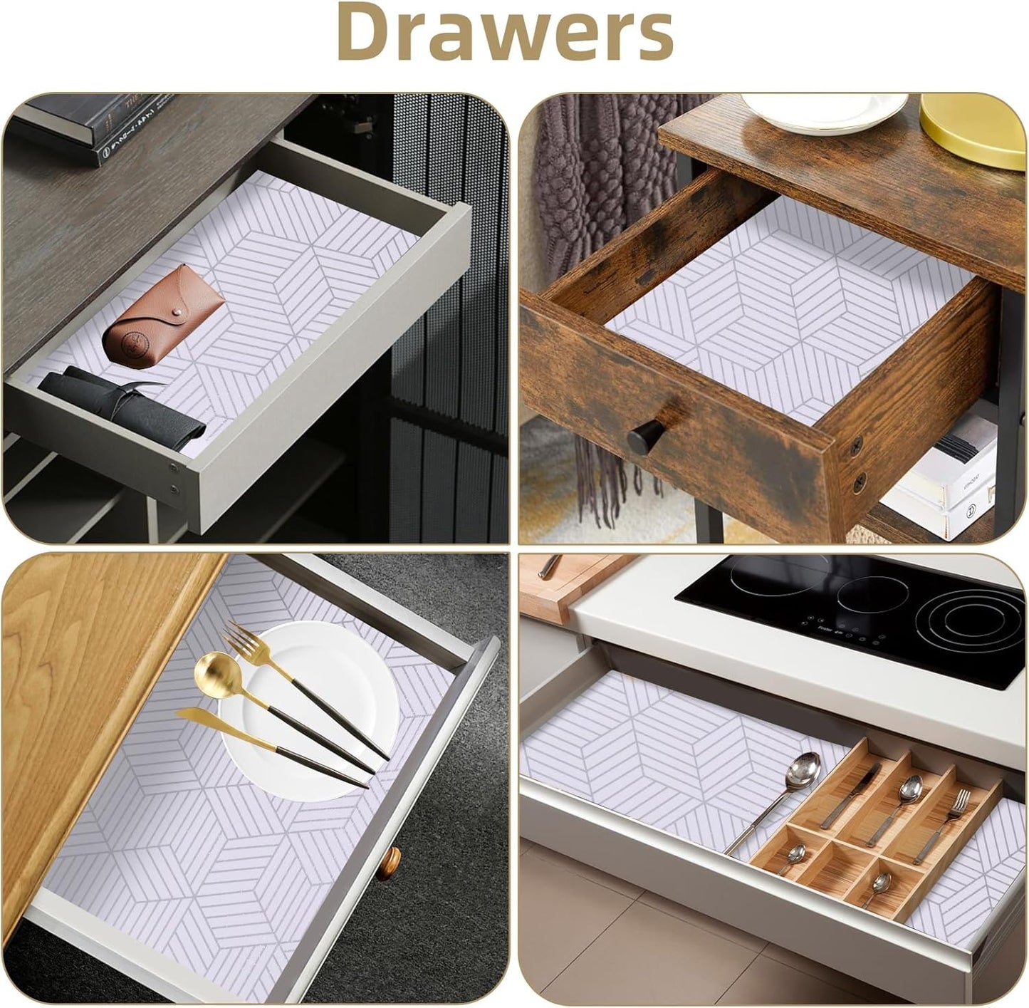 Shelf Liners for Kitchen Cabinets 12in x 10FT, Non Adhesive Cabinet Liner Strong Non-Slip Thickened Silver Geometric Easy to Clean for Shelf, Cabinet, Refrigerator with Knife and Tape Measure