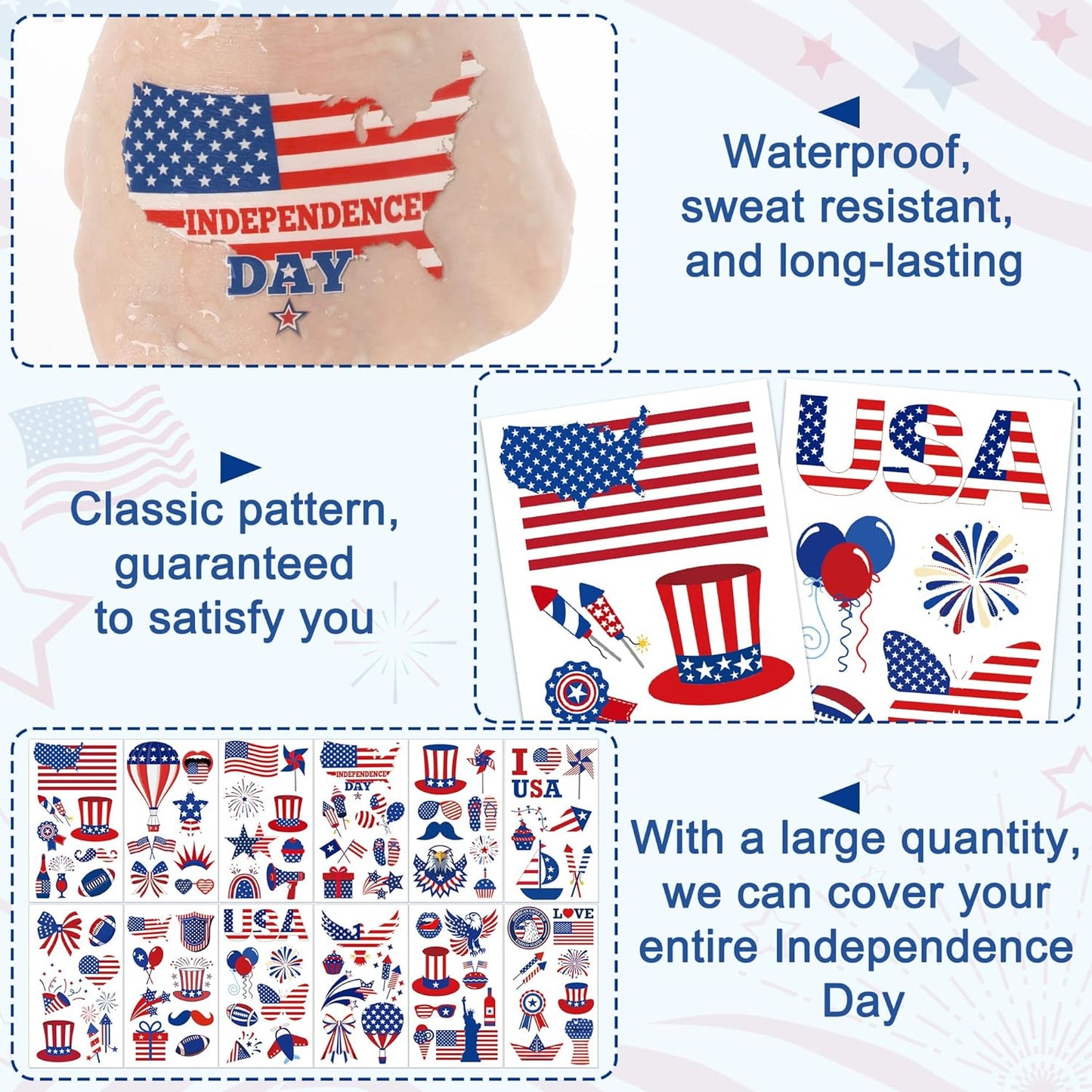 106 PCS 4th of July Tattoos, Fourth of July Tattoos for Kids, Patriotic Temporary Stickers, American Flag Red White Blue Decor for Independence Day Accessories Decoration Supplies Favors