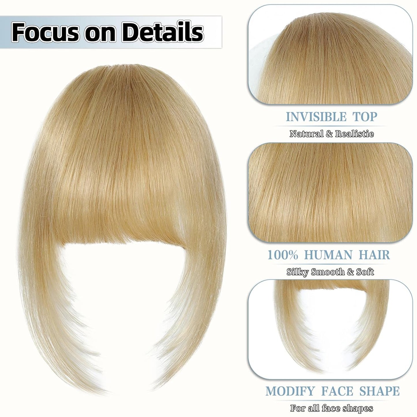 Clip In Bangs for Women, Blonde French Bangs Hair Clip with Temples, 100% Real Human Hair Layered Curved Fringe for Halloween and Daily Use(Blonde, French Bangs)