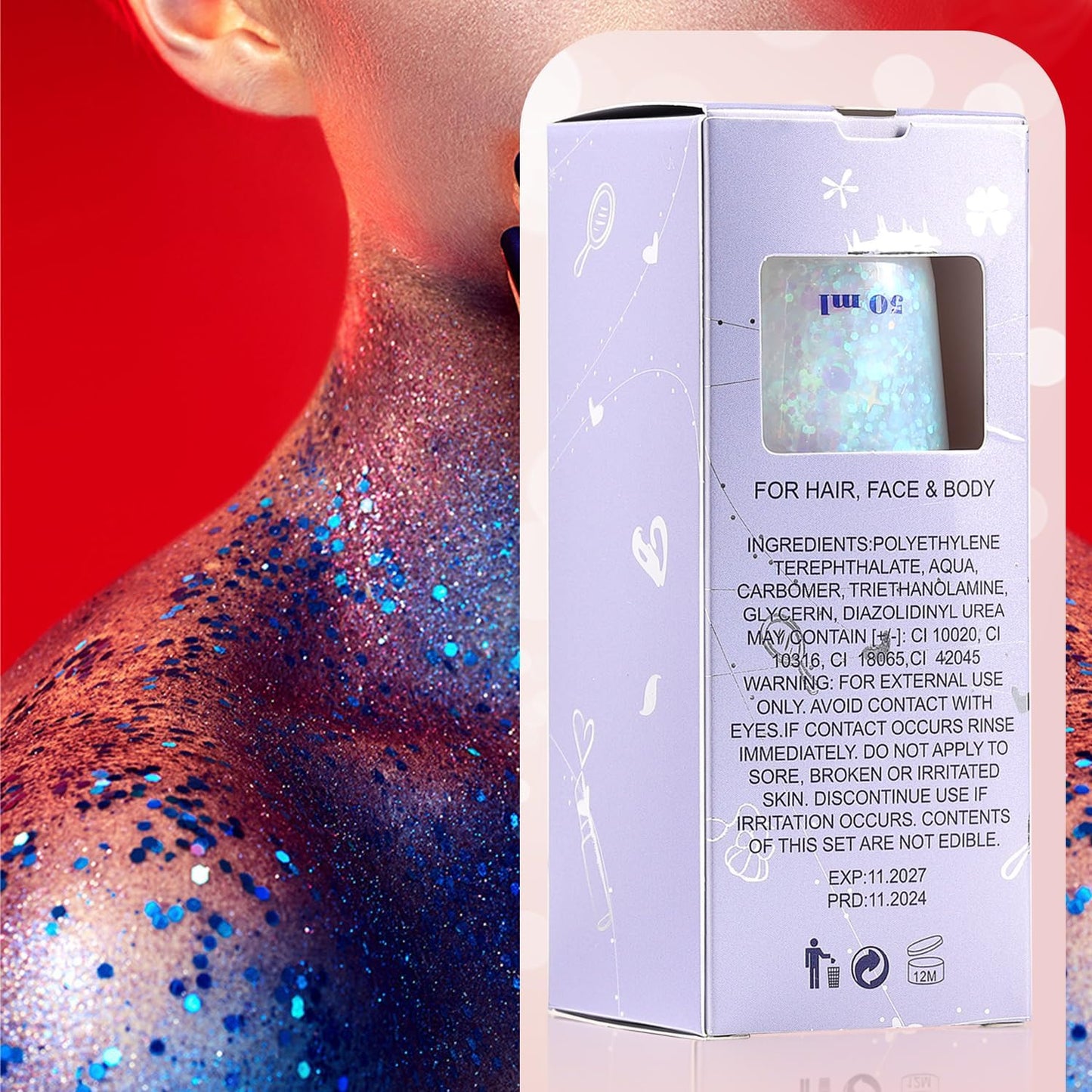 JASSINS 2PCS Body Glitter, 100ml Silver and White Face Glitter for Women Girls Kids, Glitter Gel Makeup Tween Gifts, Singer Concerts Festival Rave Accessories, Chunky Mermaid Sequins Glitter