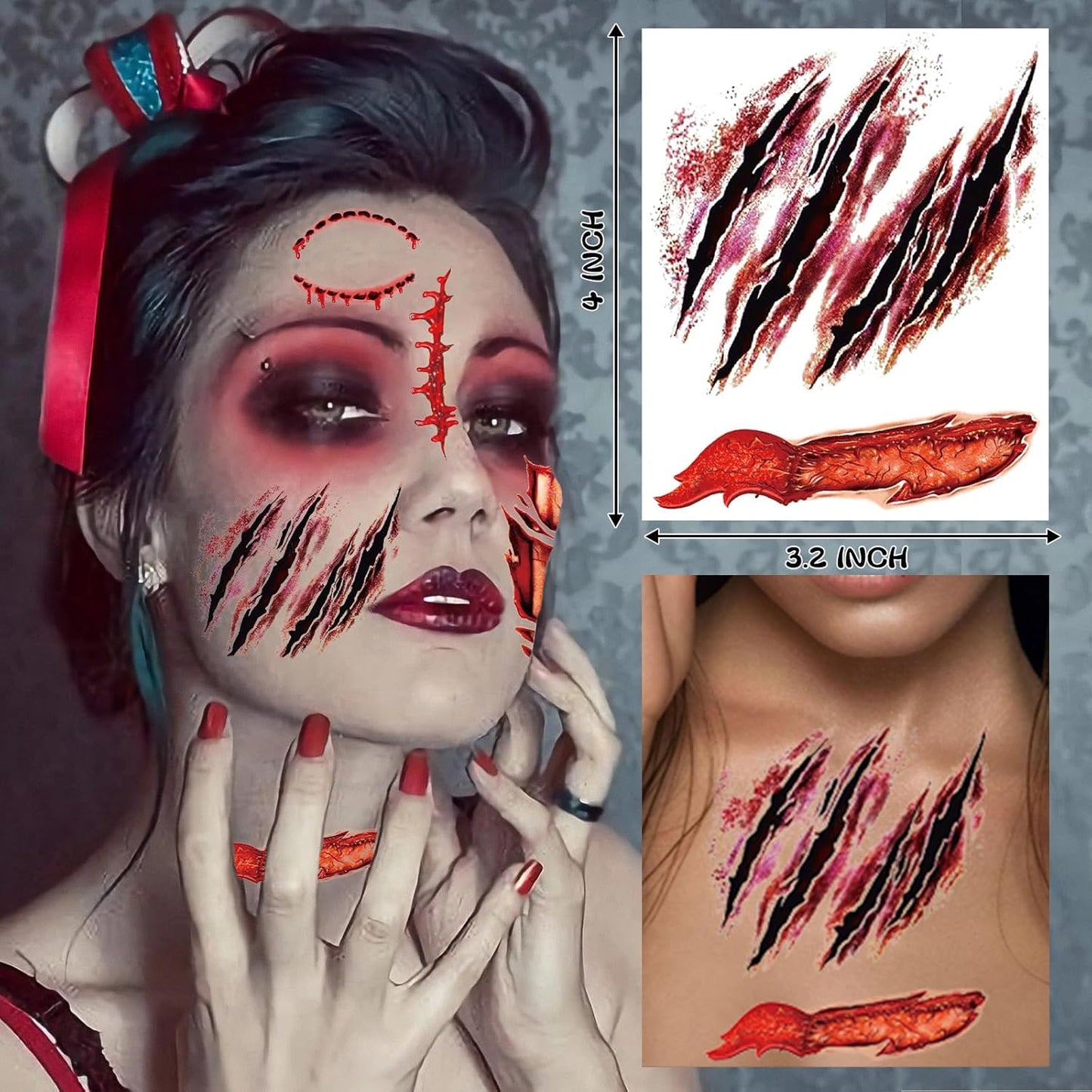 XZENTIRA 30 Sheets Halloween Zombie Temporary Tattoos, Fake Scars Tattoos, Horror Realistic Wound Stitch Face Body Makeup Sticker, Scar Fake Blood Tattoos for Women Men Kids Halloween Party