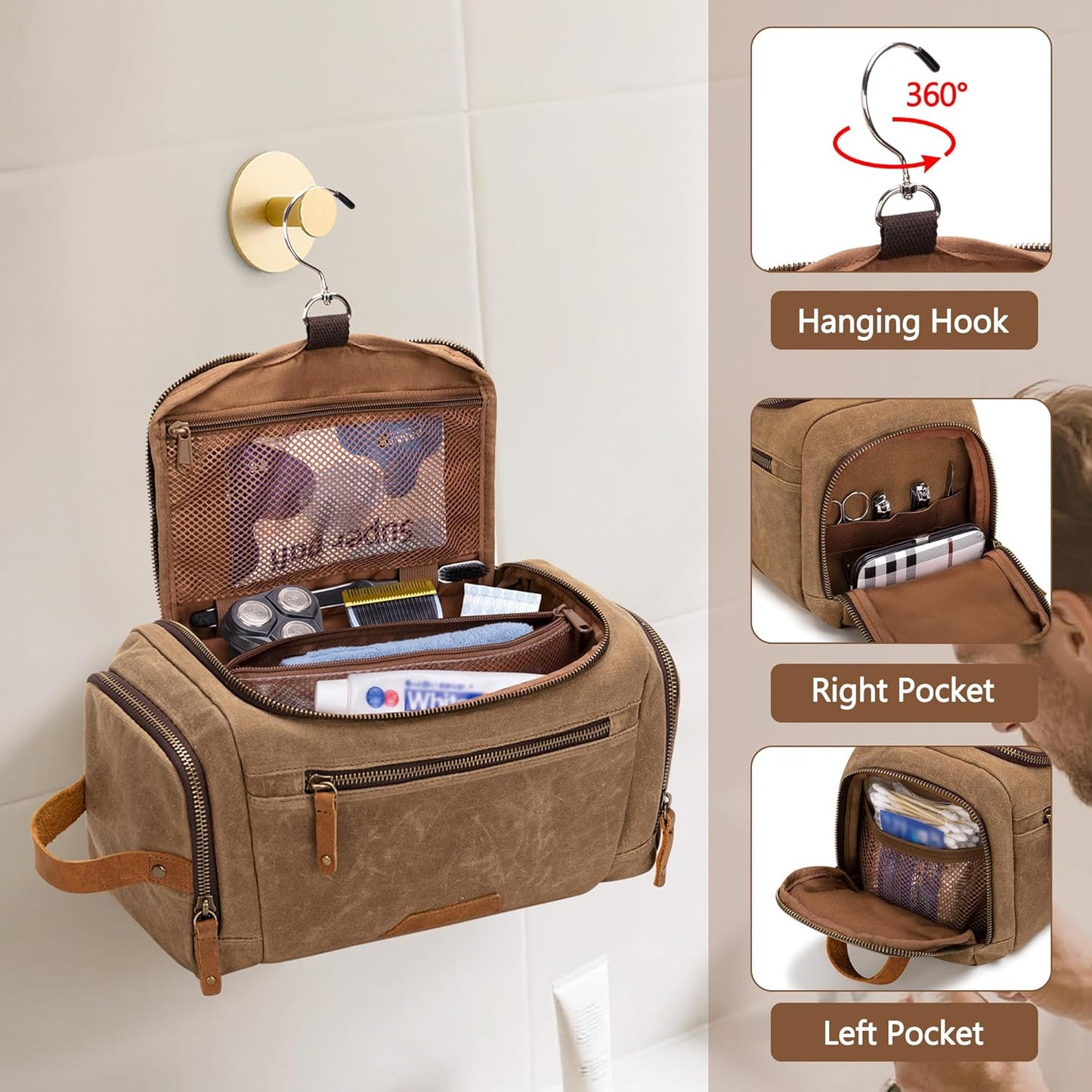 YARWO Hanging Toiletry Travel Bag for Men, Large Waxed Canvas Men Dopp Kit Hygiene Bag with Detachable Zipper Pouch, Water-resistant Shaving Storage Bag for Razor, Shower Essentials, Travel Toiletries