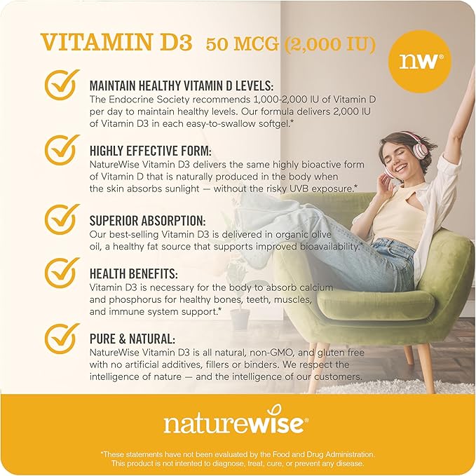 NatureWise Vitamin D3 2000iu (50 mcg) Healthy Muscle Function, and Immune Support, Non-GMO, Gluten Free in Cold-Pressed Olive Oil, Packaging Vary ( Mini Softgel), 360 Count(Pack of 1)