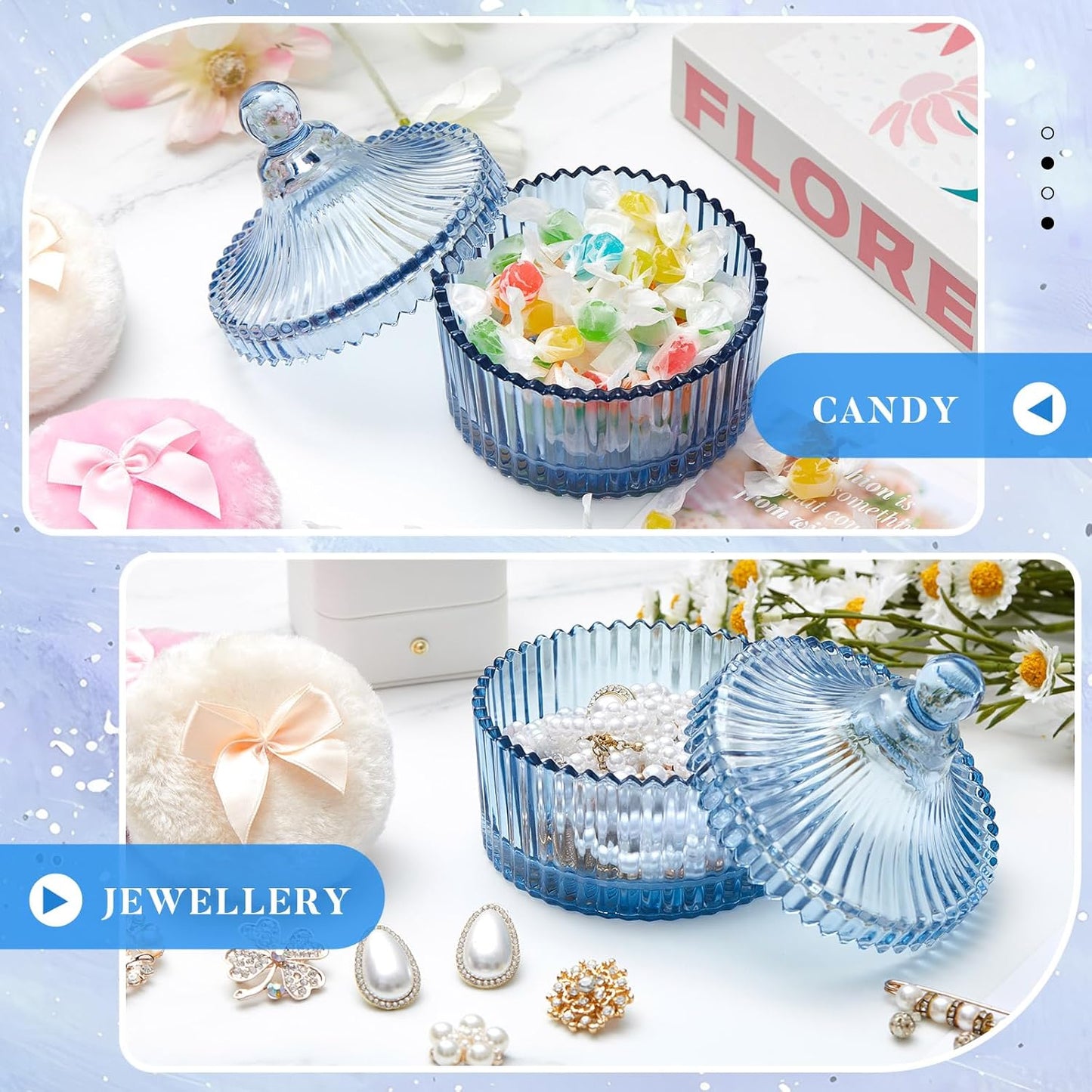 Tioncy 3 Pcs Large Body Powder Puff and Container Crystal Container Soft Washable Reusable Velour Face Body Glitter Powder Puff Wet Dry Makeup Simple Style (Blue)