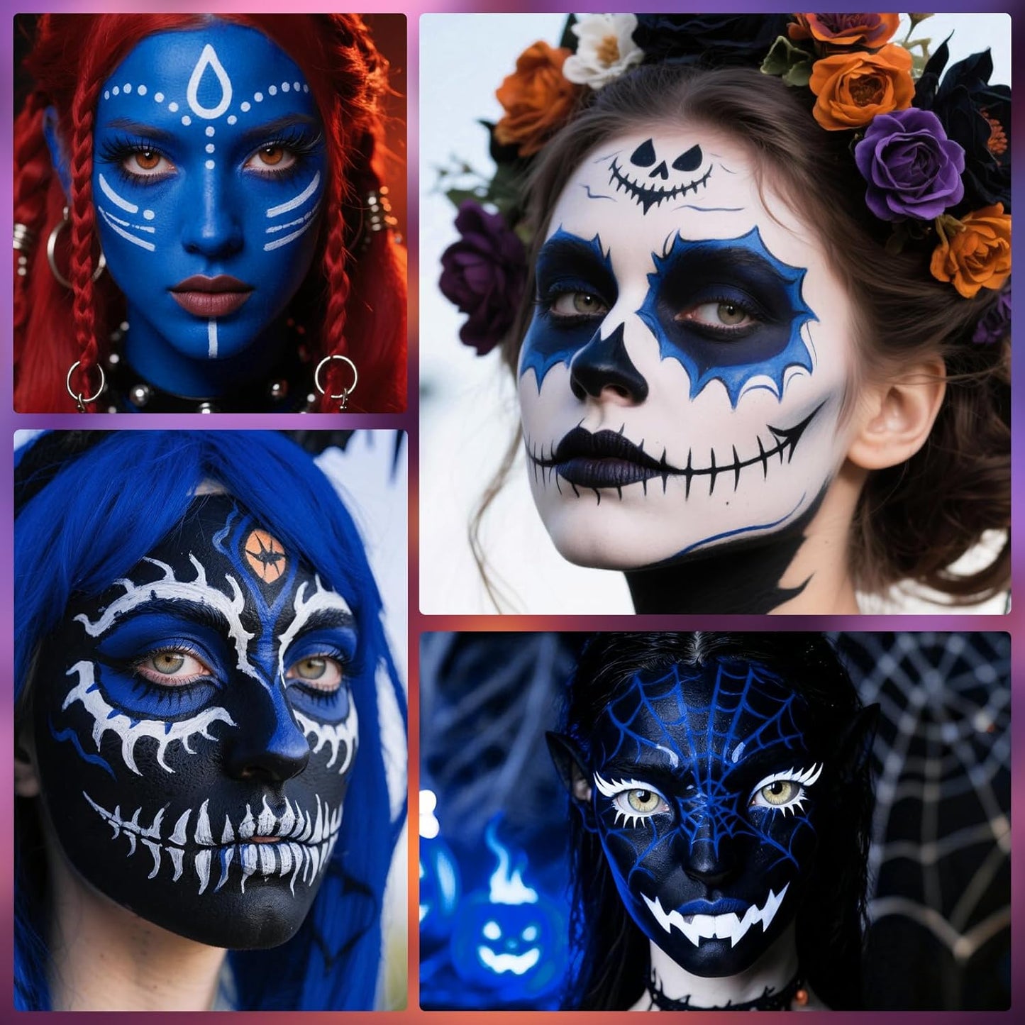 Blue Black White Oil Based Face Paint Kit with Painting Brushes, Professional Full Coverage Greasepaint for Adults Halloween Cosplay SFX Avatar Smurf Mermaid Makeup Stage Theater