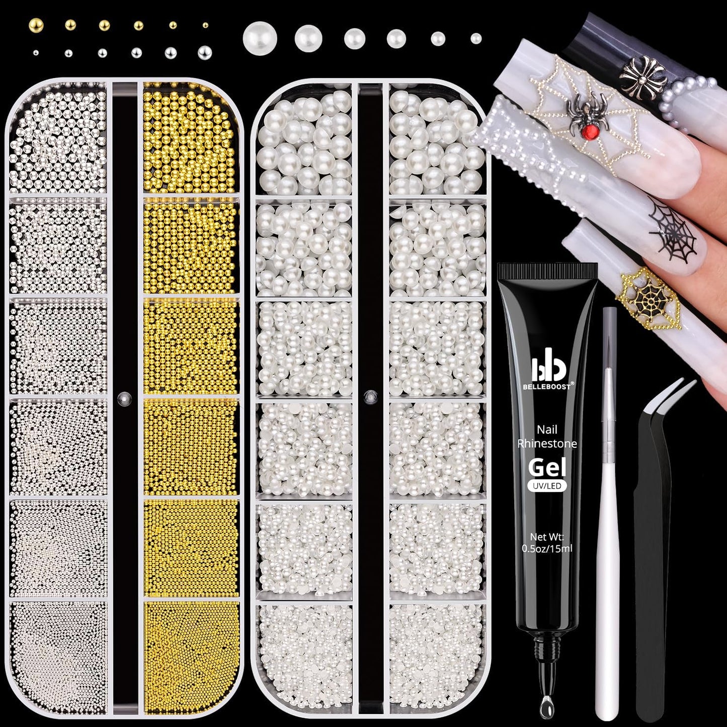 2 Boxes Flatback Pearls (White) and Metal Nail Beads (Silver+Gold) with Rhinestones Glue Gel for Nail Art, Pearl Nail Charms and Small Round Caviar Beads Nail Accessories for Manicure Decor
