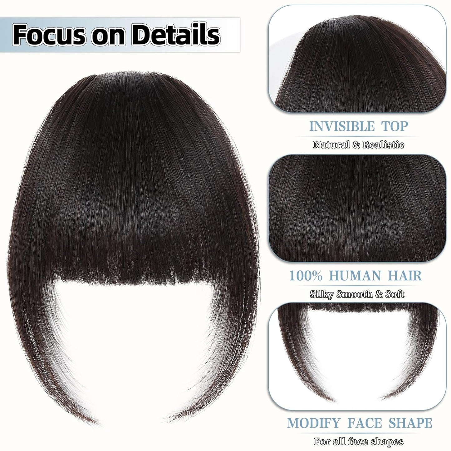 Clip In Bangs for Women, Brown Black French Bangs Hair Clip with Temples, 100% Real Human Hair Layered Curved Fringe for Halloween and Daily Use(Brown Black, French Bangs)