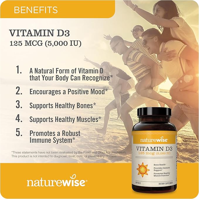 NatureWise Vitamin D3 5000iu (125 mcg) Healthy Muscle Function, and Immune Support, Non-GMO, Gluten Free in Cold-Pressed Olive Oil, Packaging Vary (Mini Softgel), 30 Count