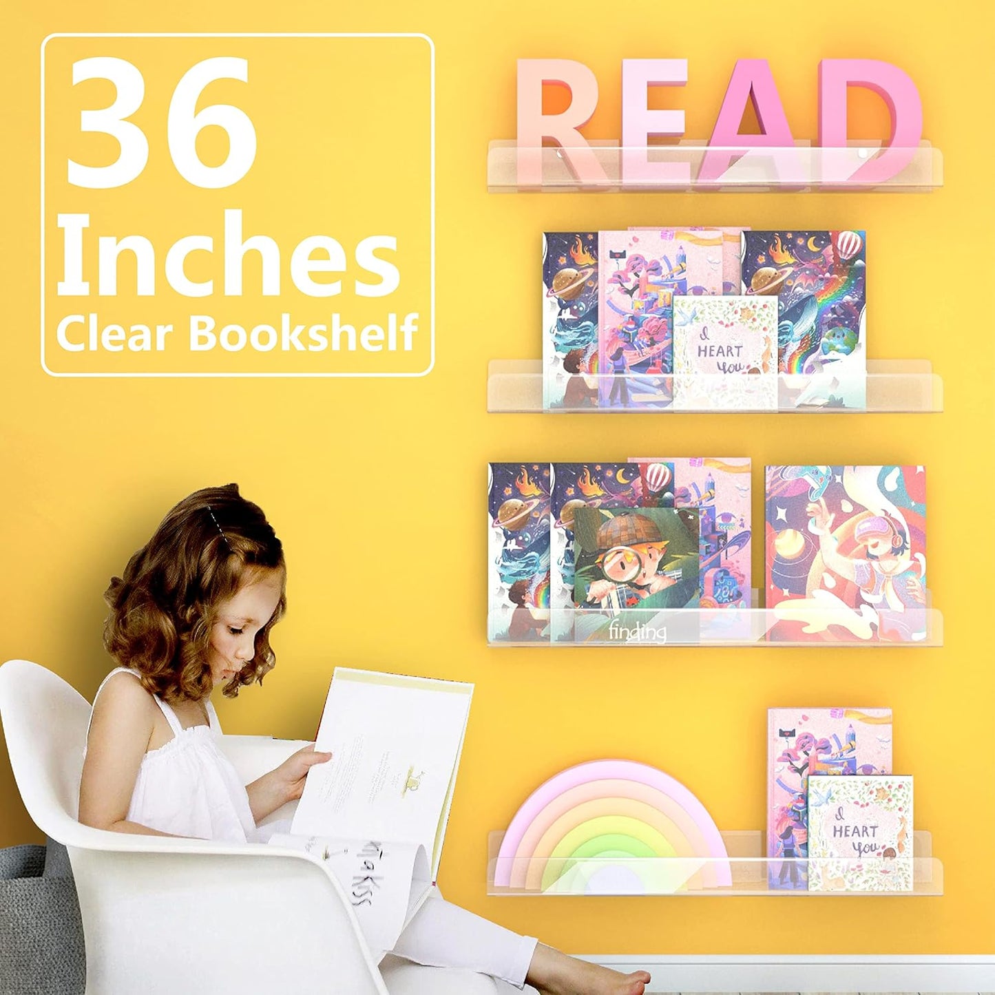 36 Inch 50% Thicker Clear Acrylic Book Shelves, Invisible Kids Wall Bookshelves for Baby Storage Book Rack, Toy Organizer, Book Display, Playroom, Bedroom, Toddler Room, Nursery 2 Packs
