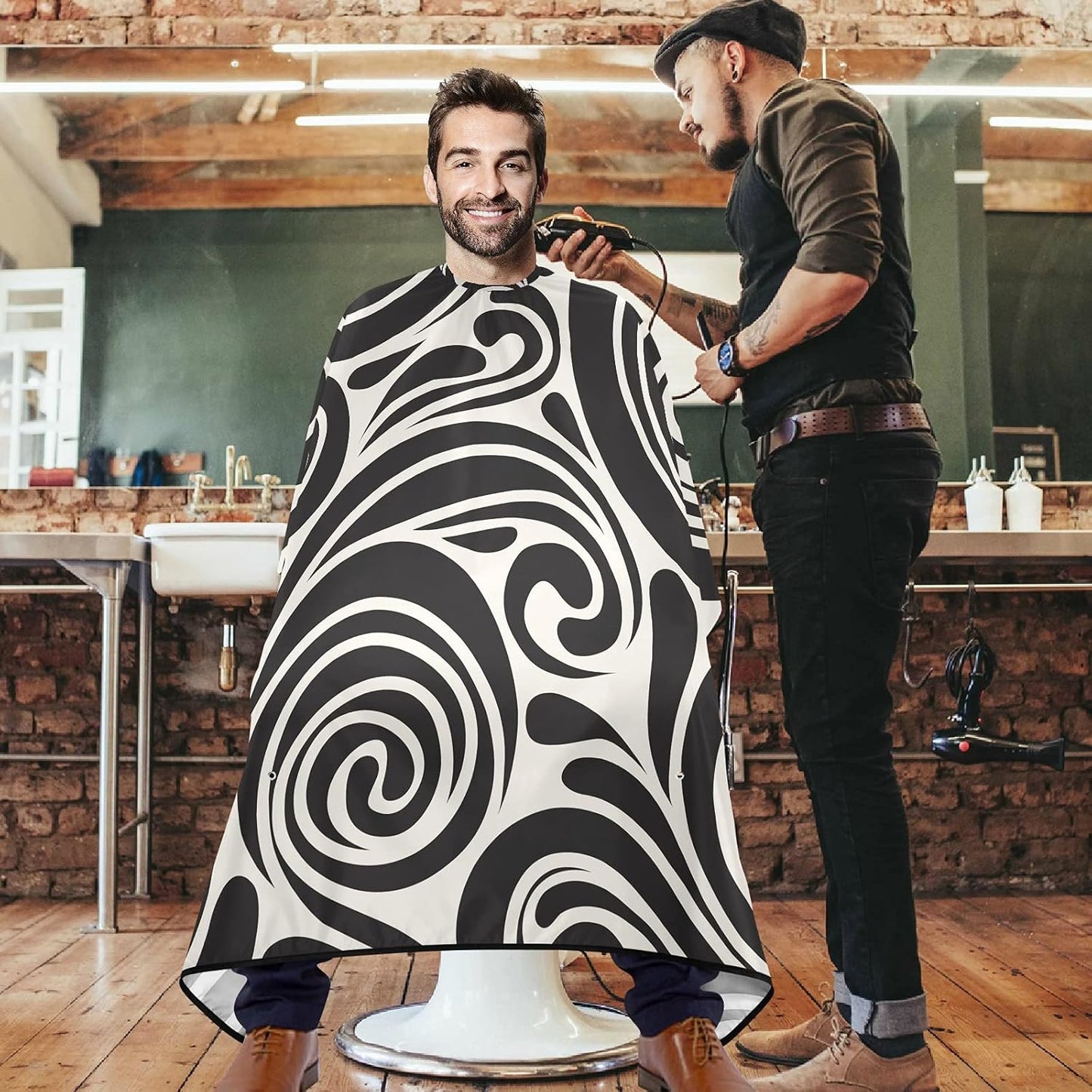 visesunny Barber Cape Black Whirlpool Pattern Polyester Hair Cutting Salon Cape Apron Anti-Static Haircut Water-Resistant Shaving Cloth Beard Shaving Bib Hairdressing Cape