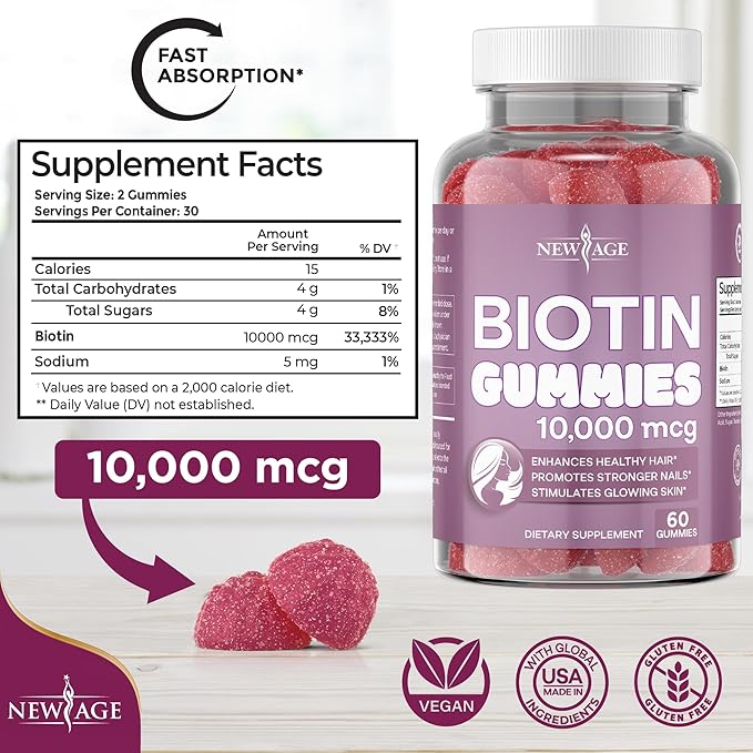 NEW AGE Biotin Gummies – Hair, Skin & Nails Gummies – 10,000 mcg - Non-GMO Supplement for Women, Men - Made in USA -120 Count