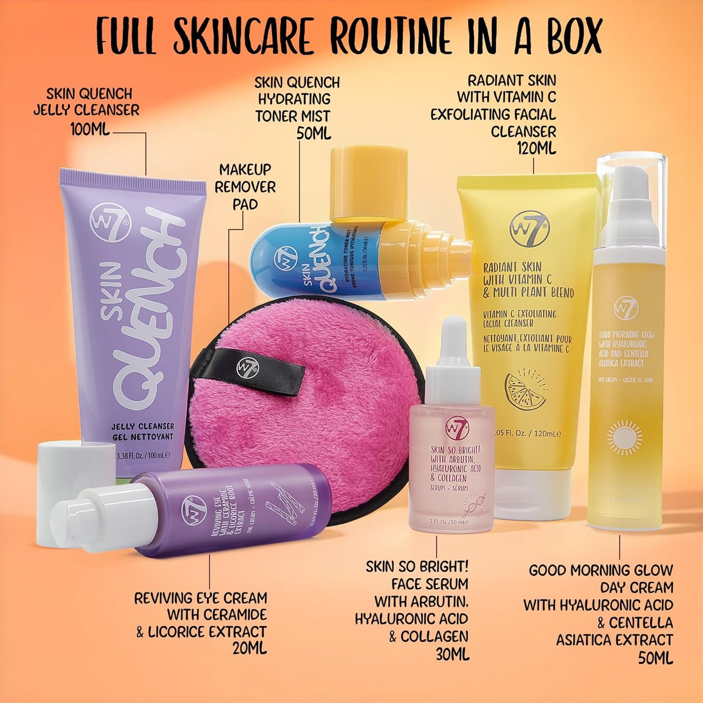 W7 Beauty Blast Skincare Secrets Gift Set - Complete Full Size Skincare Routine with Day Cream, Serum, Cleansers, Toner Mist, Eye Cream and Makeup Remover Pad - Skincare Gifting