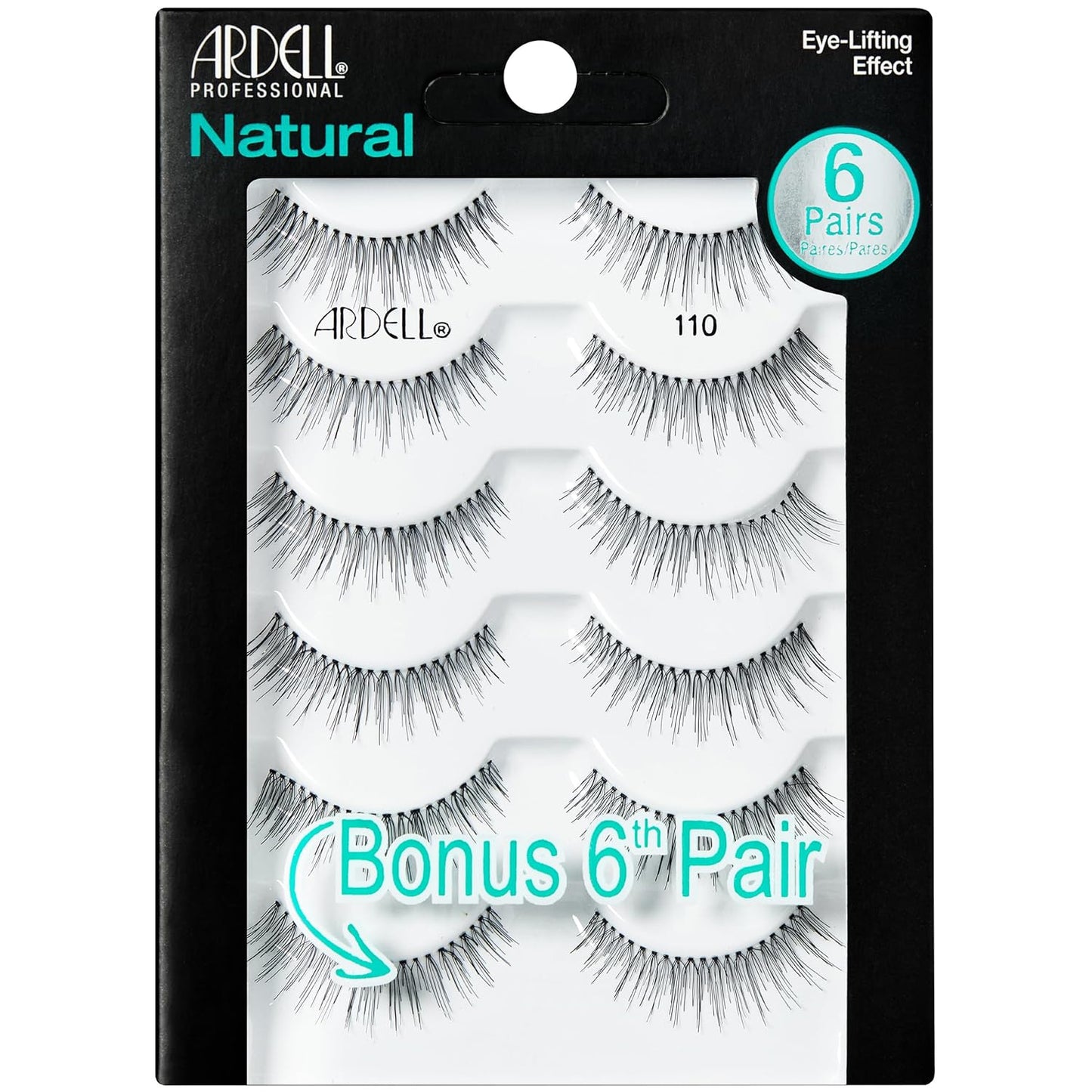 Ardell False Eyelashes, Natural Lashes 110 - Lightweight Reusable Strip Lashes, Eye-Lifting Effect, 5 Pairs + Bonus Pair