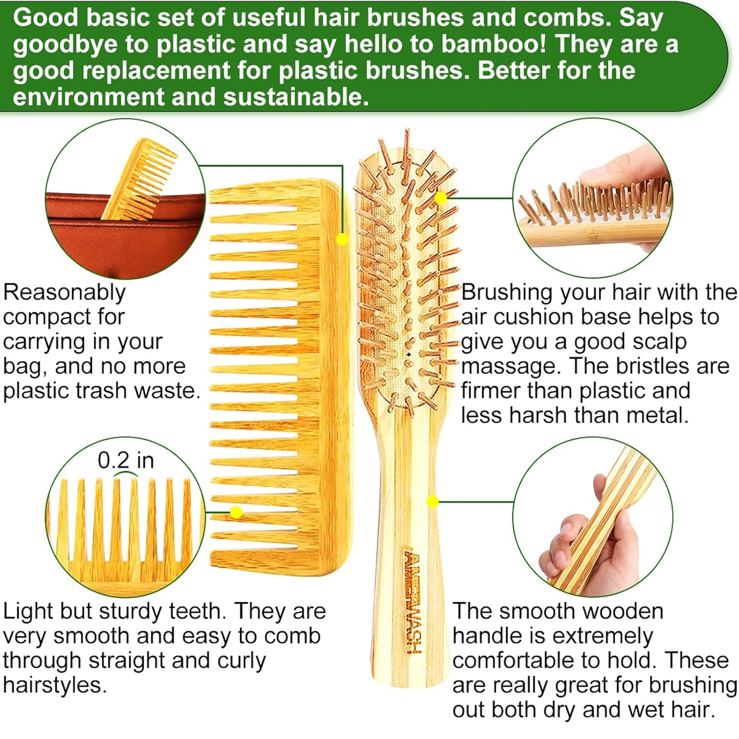 Bamboo Detangling Hairbrush and Wide Tooth Comb Set - Promotes Hair Growth, for Women, Men, Thick, Thin, Curly, Dry Hair - Cleaner Included