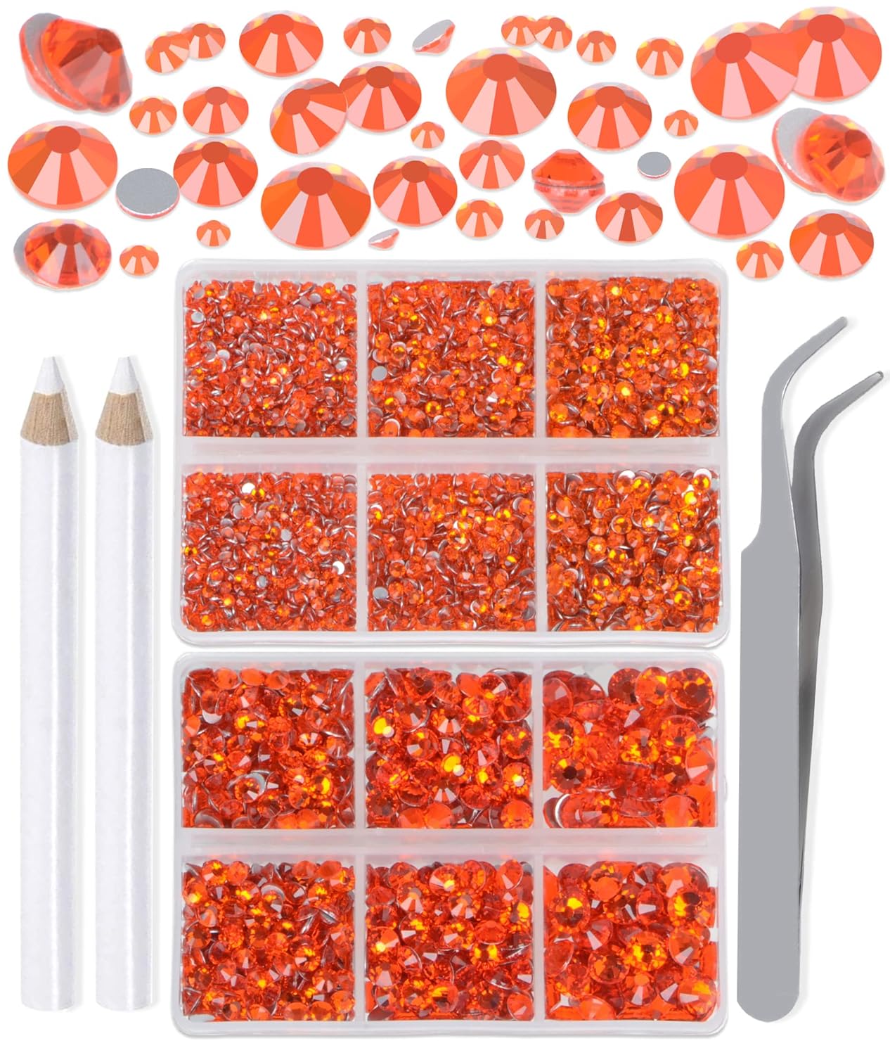 LPBeads 6000 Pieces Orange Non Hotfix Rhinestones 6 Sizes Round Crystal Glass Flat Back Rhinestones with Tweezers and Picking Pen for Nail Art Crafts Clothes Bags DIY