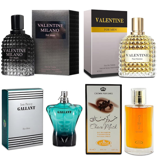 Men's Cologne Gift Set Include Valentine Milano,Valentine,Choco Musk & Gallant - 3.4 Fl Oz Each | Vanilla Bourbon, Leather & Amber Floral Fragrance | Luxury Eau de Toilette Quartet