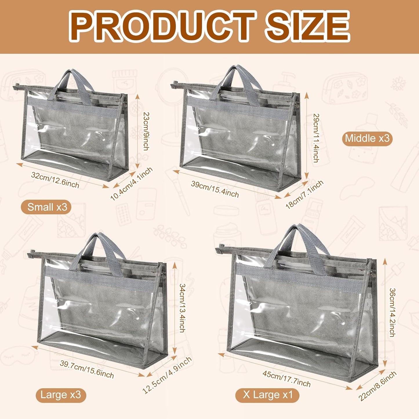 10 Pcs Dust Bags for Handbags,Clear Handbag Storage Organizer,Purse Storage Organizer for Closet,Purse Protector Storage Bag with Zipper Handle and Hooks (Grey)