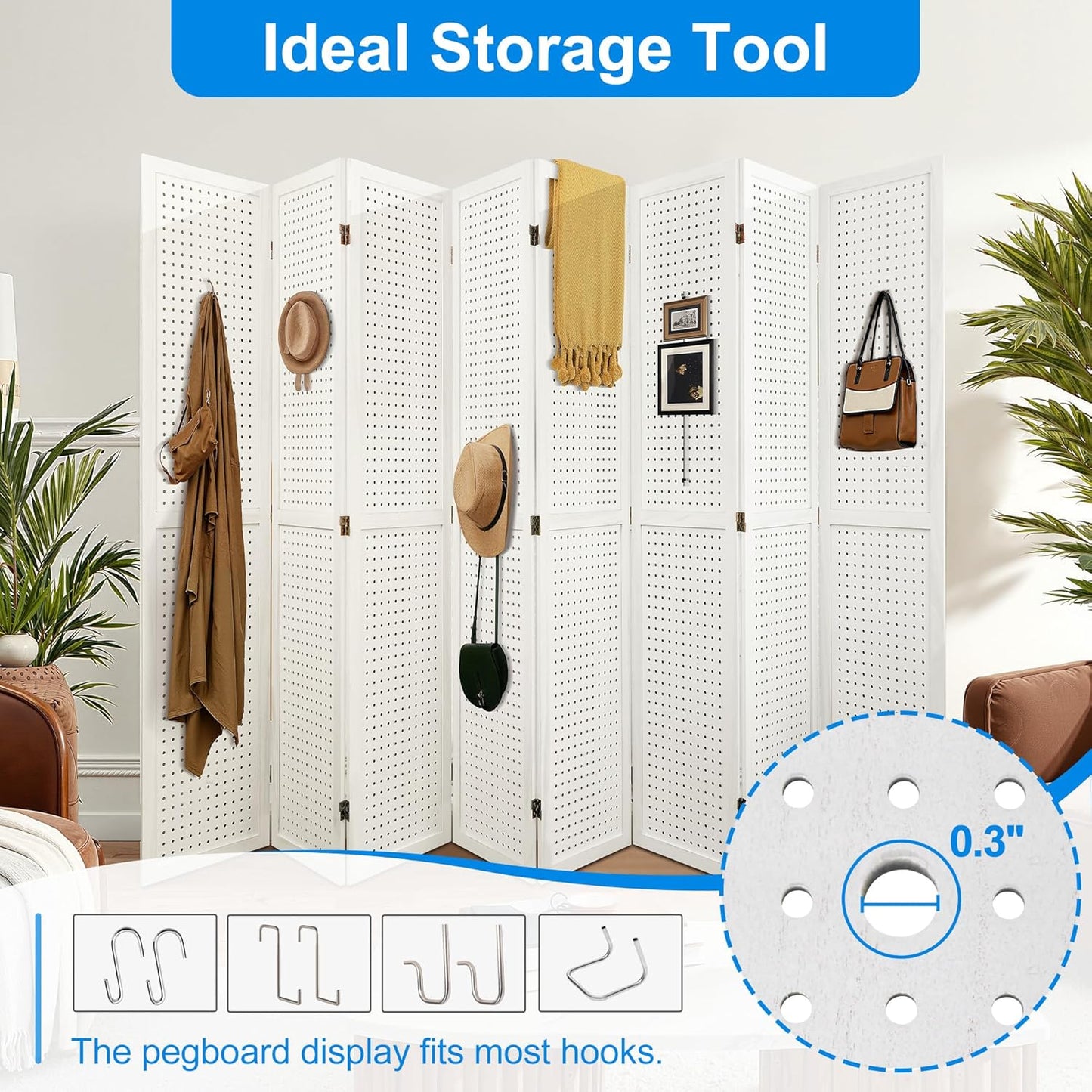 8 Panel Room Divider with Pegboard Display 5.6FT Wood PegBoard Room Dividers, Folding Privacy Screens Portable Freestanding Partition Wall Divider for Art Shows & Room Separation, White