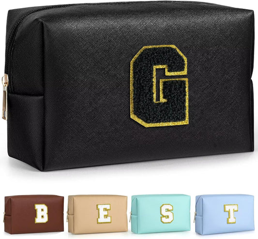 TOPEAST Travel Makeup Bag, Personalized Initial Toiletry Bag w Zipper, Cute Makeup Pouch, PU Leather Waterproof Cosmetic Bag, Birthday Gift for Daughter, Preppy Things for Girls (Black G)