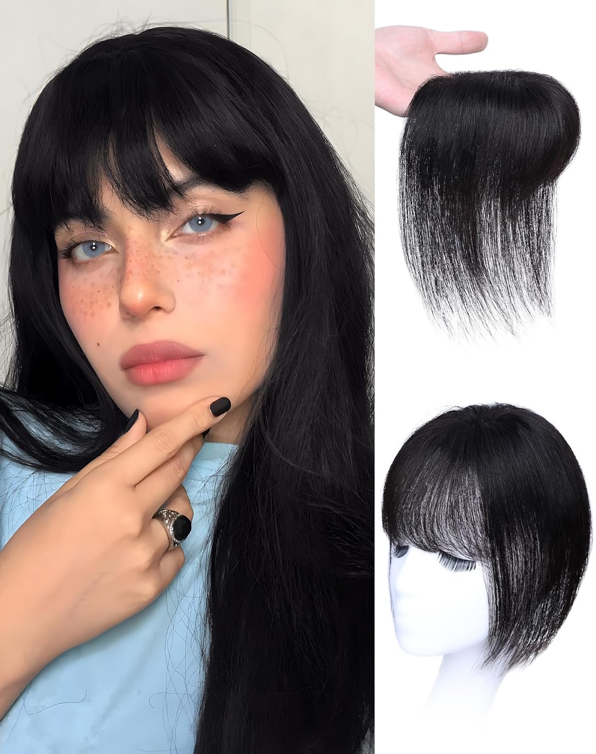 Hair Toppers for Women Real Human Hair, Bangs Hair Clip 360°3D Cover Clip on Bangs for Women Fake Bangs for Daily Wear (10 Inch Natural Black)