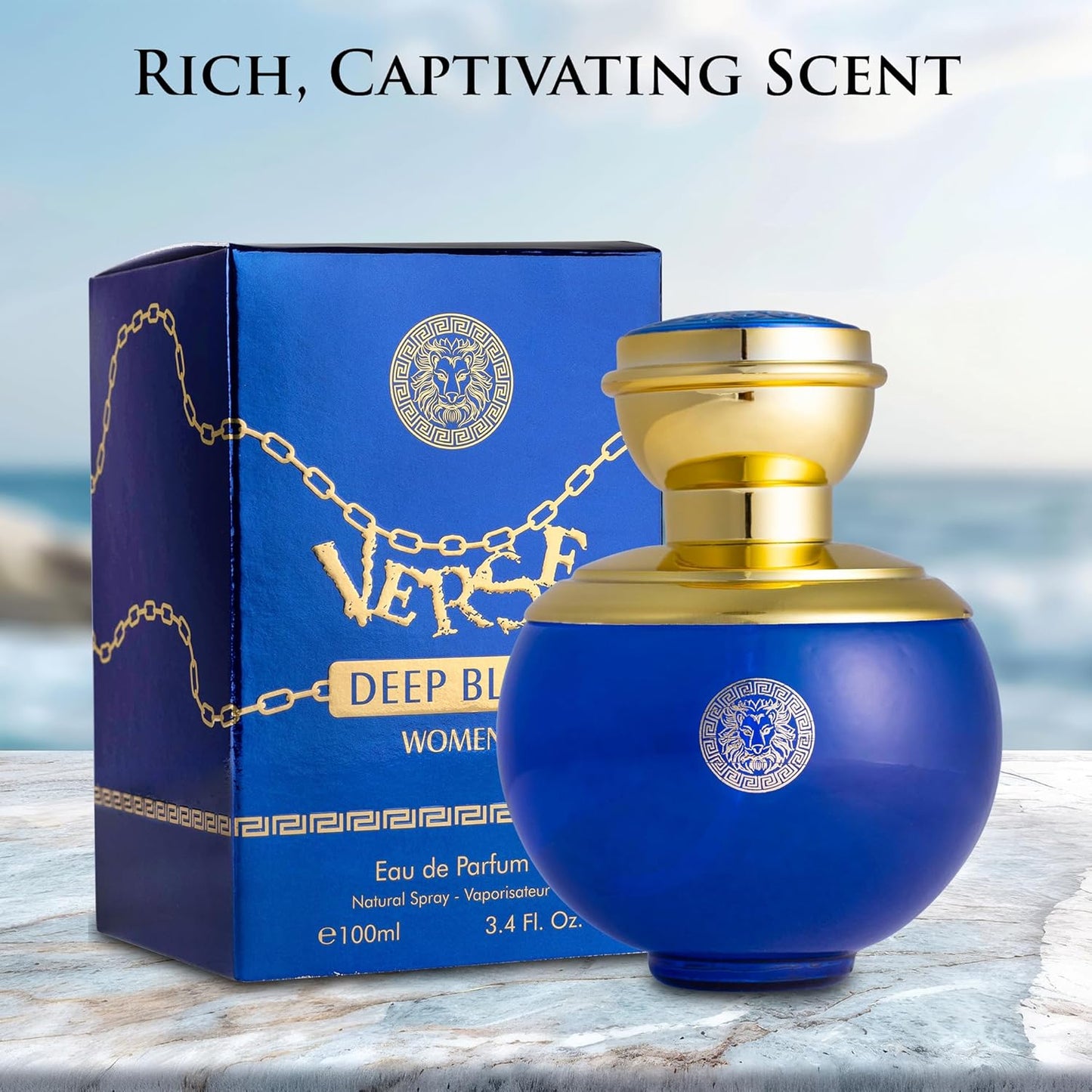 Verse Deep Blue for Women EDP 3.4 fl Oz- Floral, Fruity & Woody Accords - Top Notes of Apple, Black Currant & Clover Base Scent of Styrax, White Smooth Wood, Patchouli & Musk - Elegant 100ml Bottle