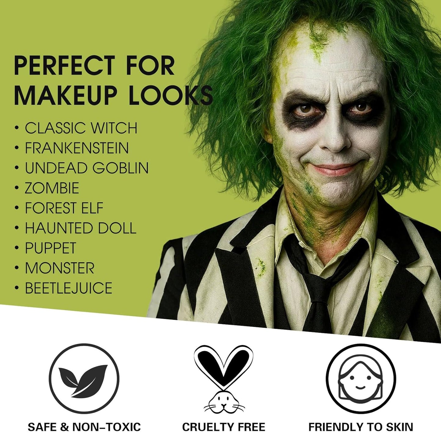 BOBISUKA Light Green & White Face Body Paint Stick Kit with Black Eyeshadow, Black Liquid Eyeliner, Setting Powder & 2 Sponges – Halloween Cosplay Makeup Set for Witch, Beetle Juice, Monster, Goblin