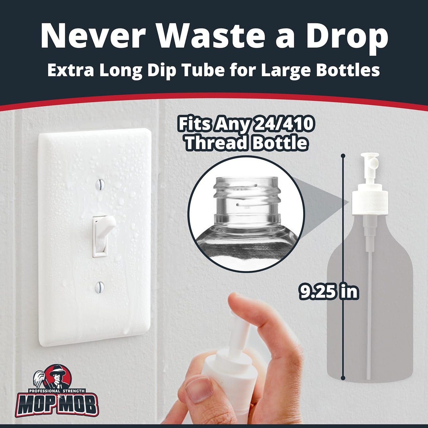 Leak Proof Fine Mist Spray Head 1 Pk. Plunger Sprayer Replacement Nozzle for Large Bottles, BPA-free 24/410 Thread Fingertip Pump Mister Top with 9.25 in. Tube for Home, Cleaning, Beauty + Hair Care