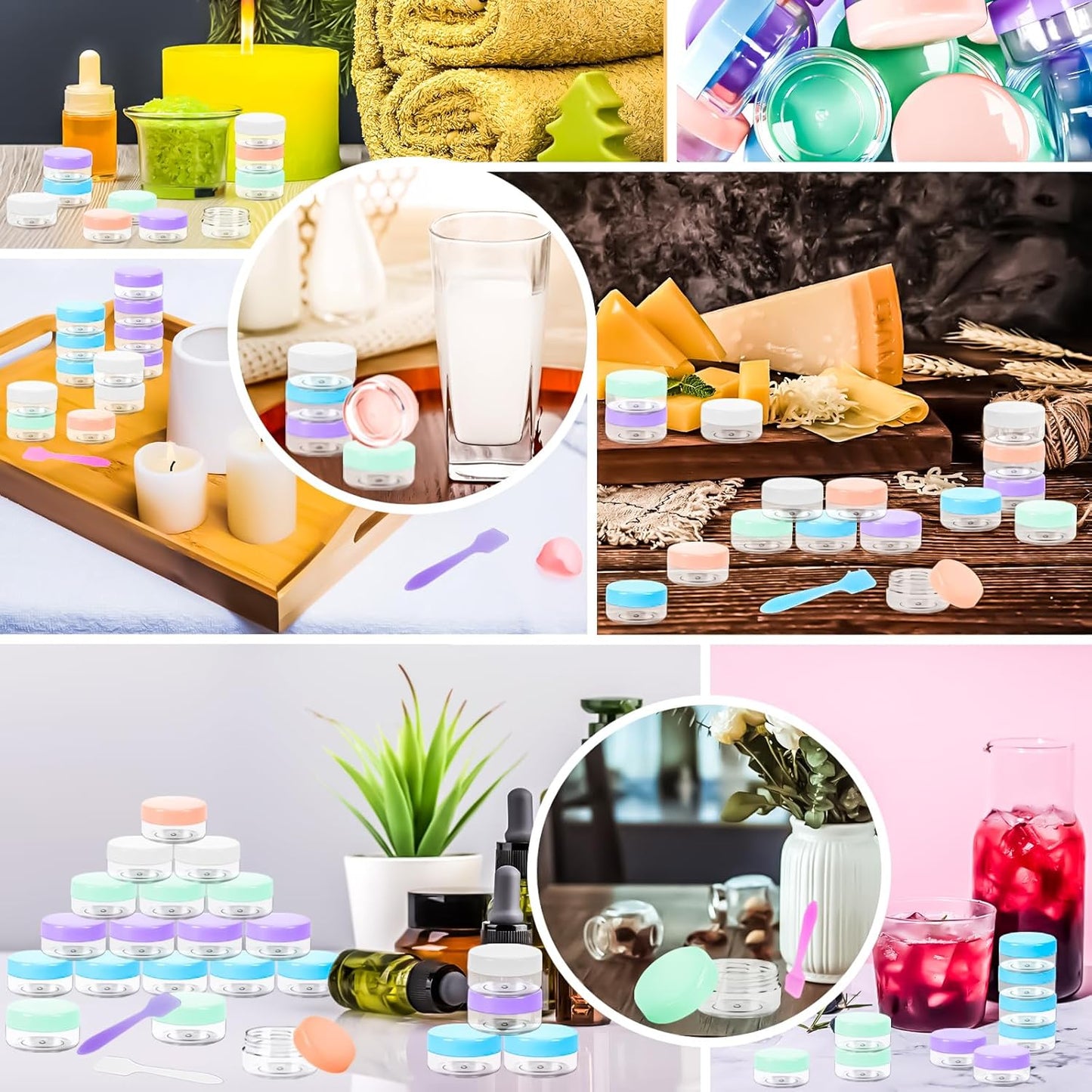 MotBach 50PCS 10g Empty Sample Containers with Colored Lids,Refillable Makeup Sample Containers, Small Sample Pot Jars Travel Makeup Containers with Mini Spatulas for Liquid Powder Creams Lotions