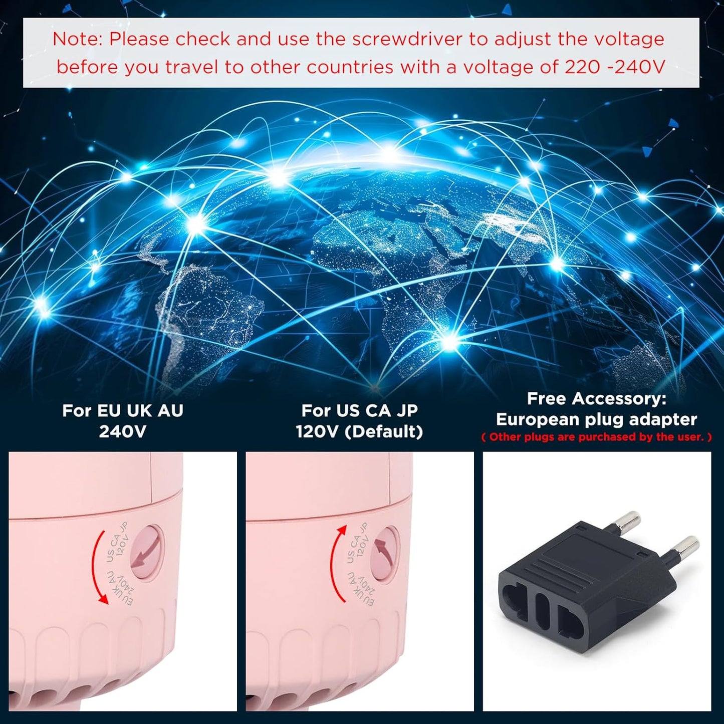 Aima Beauty Worldwide Travel Hair Dryer Brush 110V-240V Dual Voltage Blow Dryer Brush Hot Air Brush with Oval Barrel 360° Hot Airflow, Negative Ionic Frizz-Free Drying/Straightening/Voluming, Pink