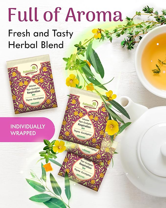 Adanim Bio Eucalyptus Mullein Tea, 40 Teabags of Organic Eucalyptus, Thyme, and Mullein. Providing Health Benefits to the Lungs. USDA-certified and Kosher tea