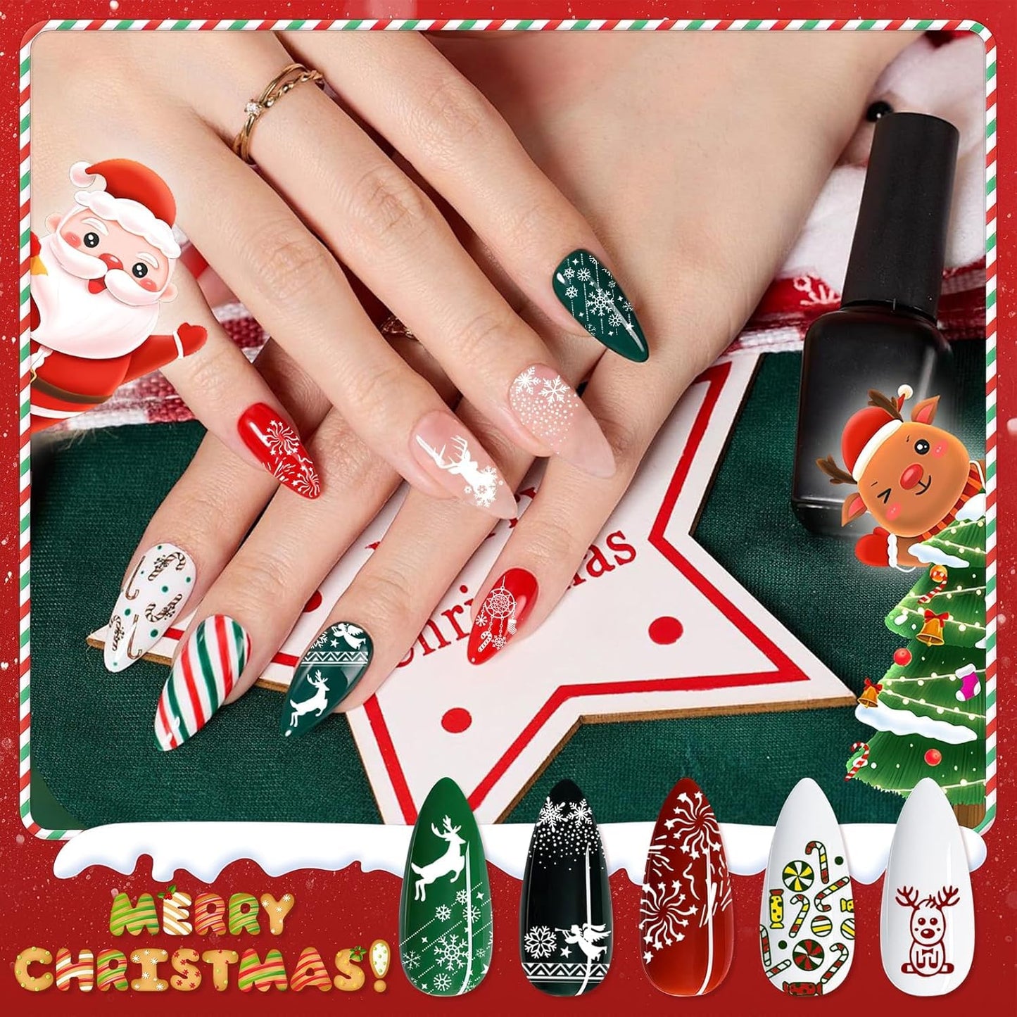 Biutee Nail Stamping Plates Set with 8 Colors Nail Stamping Polish Gel & Stamper - Winter Snowflake Santa Xmas Nail Art Set, Holiday Gift for Women & DIY Nails