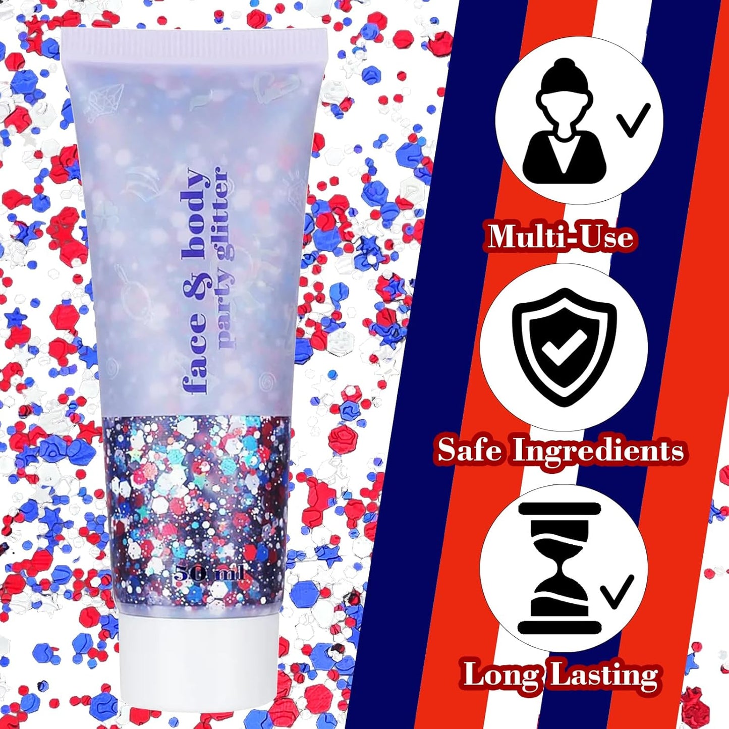 Red White and Blue Body Glitter - 4th of July Outfit Accessories for Women & Kids, USA Flag Face Glitter Makeup, Holographic Chunky Sequins for Independence Day, President's Day Memorial Day
