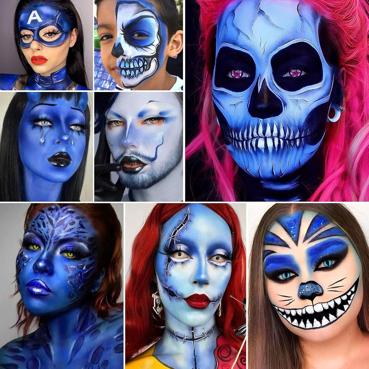 Black White Blue Face Paint Kit – 3×50g Oil-Based Grease Makeup with Remover Balm, Brushes & Sponges – Sweat-Proof, Easy On & Off SFX Makeup for Halloween, Cosplay, Ghost & Ice-Themed Stage Looks