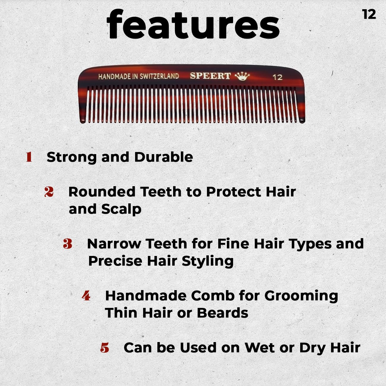 #12 Handmade Narrow Tooth Comb Tortoise Havana Acetate Fine Straight Thin Detangling Parting Grooming Teasing Hair Styling Hairdresser Barber Hairdressing Wet Dry Pocket Travel Women Men Kids