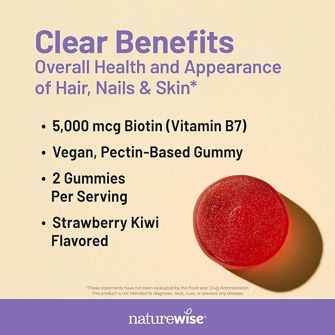NatureWise Biotin Gummies - Supports Healthy Hair, Skin and Strong Nails - Vitamin B7 5000mcg - Natural Beauty - Strawberry-Kiwi Flavor - Vegan, Non-GMO, Gluten Free - 90 Count[45 Day Supply]