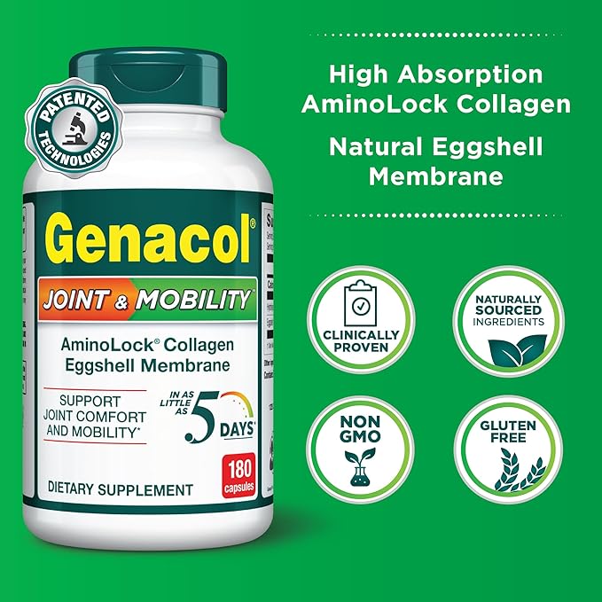 Genacol Natural Eggshell Membrane & Collagen Peptides Supplement for Joint Comfort & Flexibility | Gluten-Free, Non-GMO Joint & Mobility 180 Capsules