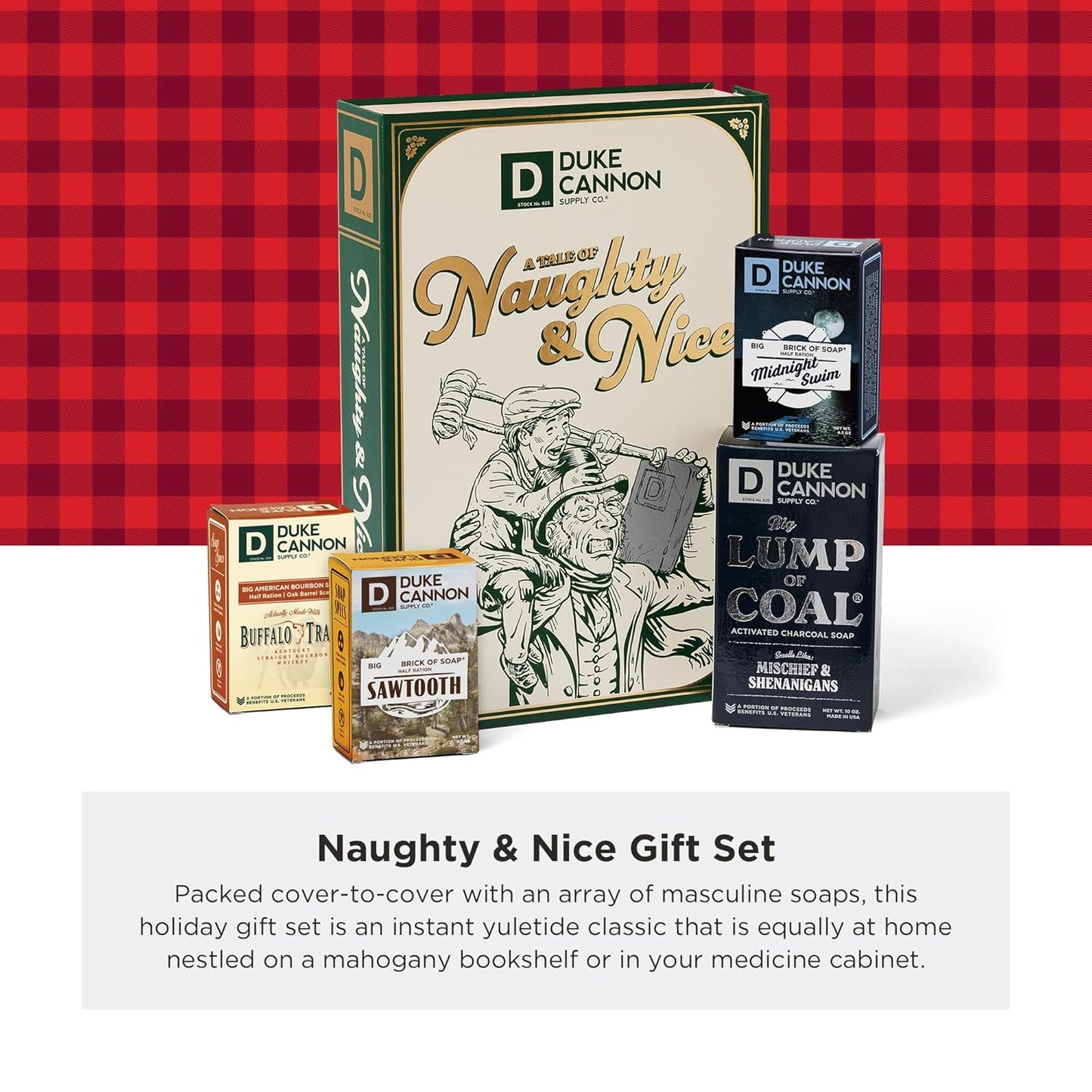 Duke Cannon Supply Co. Holiday Naughty & Nice Gift Set - Full Size Lump of Coal Soap & 3 Junior Soaps (American Bourbon, Sawtooth, Midnight Swim)