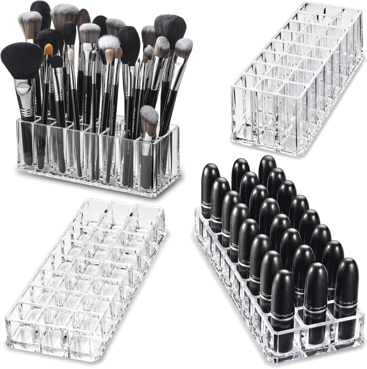 (Set) Acrylic Lipstick Organizer & Makeup Brush Organizer 48 Space Storage Refillable Container Beauty Cosmetic Display Case