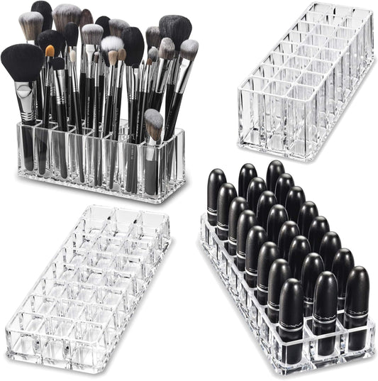 (Set) Acrylic Lipstick Organizer & Makeup Brush Organizer 48 Space Storage Refillable Container Beauty Cosmetic Display Case
