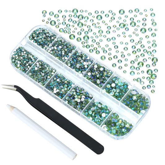 4240Pcs Light Green AB Flatback Rhinestones 6 Sizes Crystal Diamonds for Nail Art Crafts Clothes Shoes with Tweezers and Picking Pen