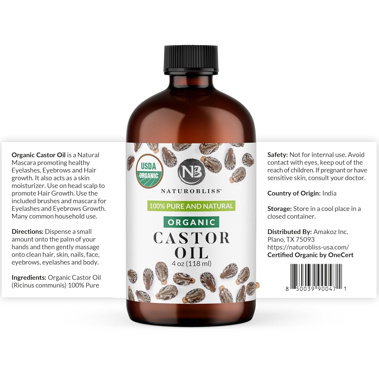 NaturoBliss Castor Oil Organic (4oz), 100% Pure, Cold Pressed, Hexane Free. Volumizing Serum for Hair, Eyelashes, Eyebrows. Hair Treatment Starter Kit & Skin Moisturizer