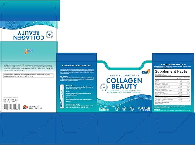 Swedish Nutra - Collagen Beauty | 10,000 mg Hydrolyzed Marine Collagen Liquid Supplement - 20 x 25 ml Daily Shots | Hyaluronic Acid and Vitamin C to Support Healthy Hair, Skin, Nails | Sugar-Free