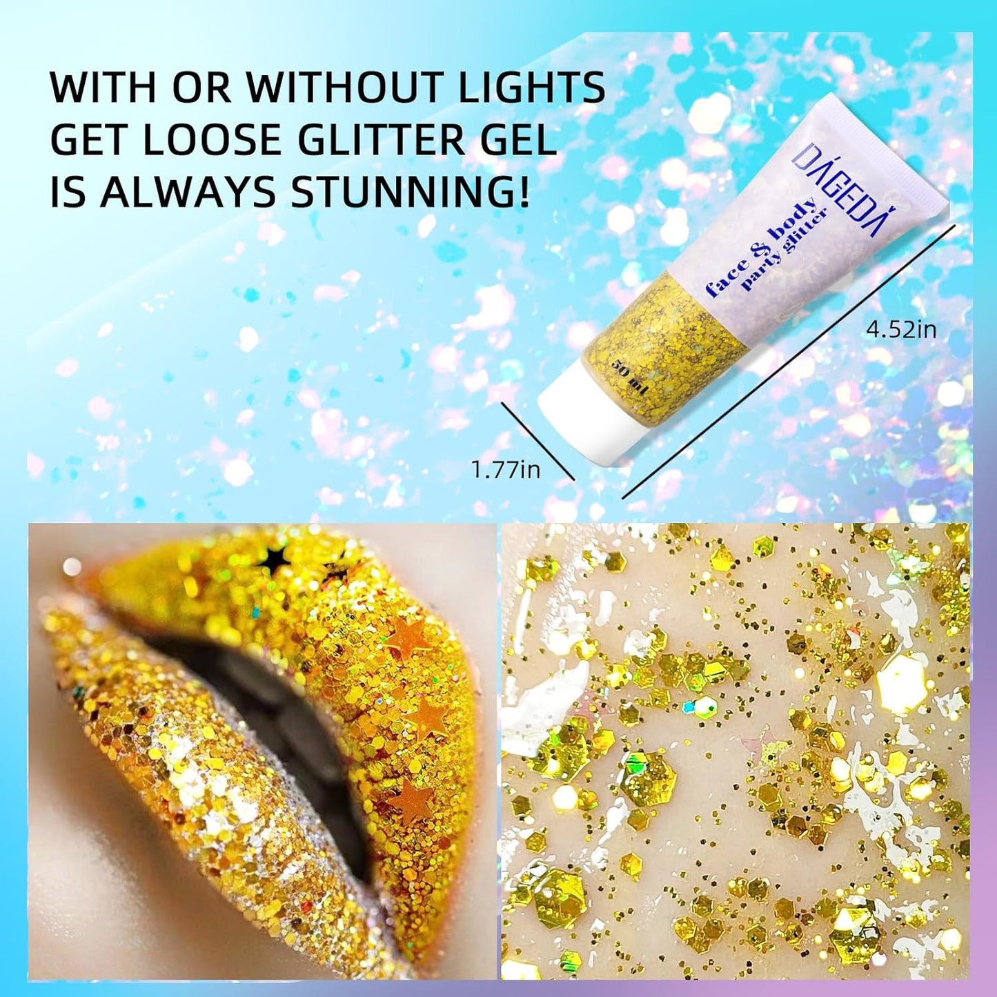 DAGEDA Body Glitter Gel, Face Glitters Body Gel Sequins Shimmer Liquid Eyeshadow, Chunky Glitter for Face Hair Nails, Holographic Cosmetic Laser Powder Festival Glitter Makeup 50ml(Gold