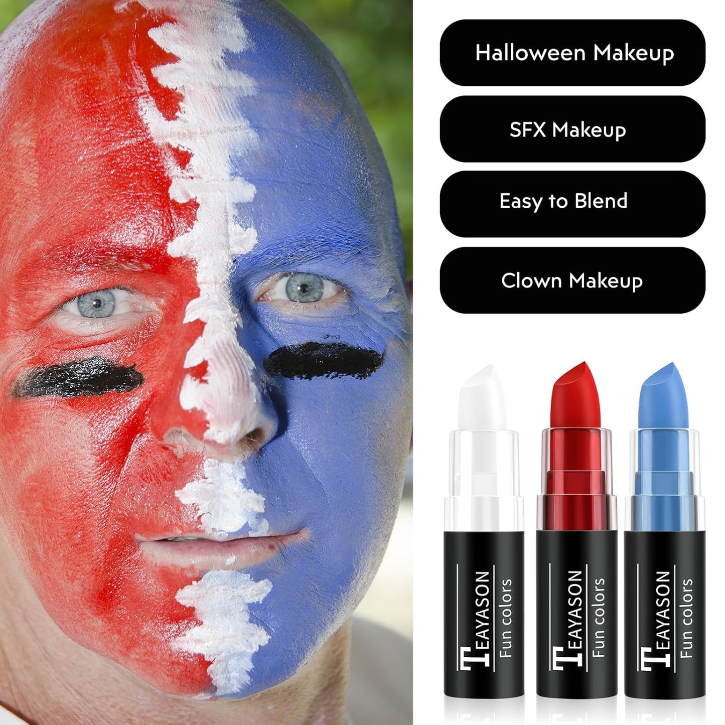Red Blue White Face Paint Halloween Makeup Kit, Matte Lipstick Set Eye Black Stick, Usa Themed Accessories Flag Color, Body Paint Face Makeup for Halloween Clown Joker