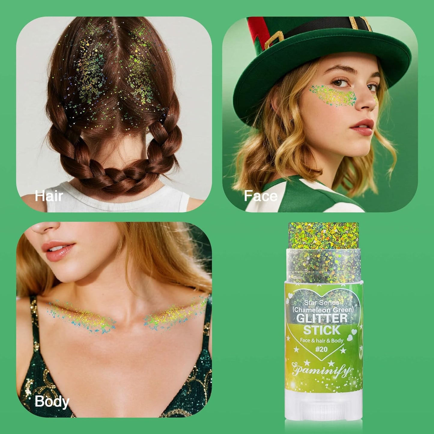 Chameleon Green Body Hair Glitter Stick,Gold Green Face Glitter St Patricks Day Accessories,Waterproof Shimmer St Patrick's Day Outfit for Women,Mardi Gras Rave Singer Concert Makeup